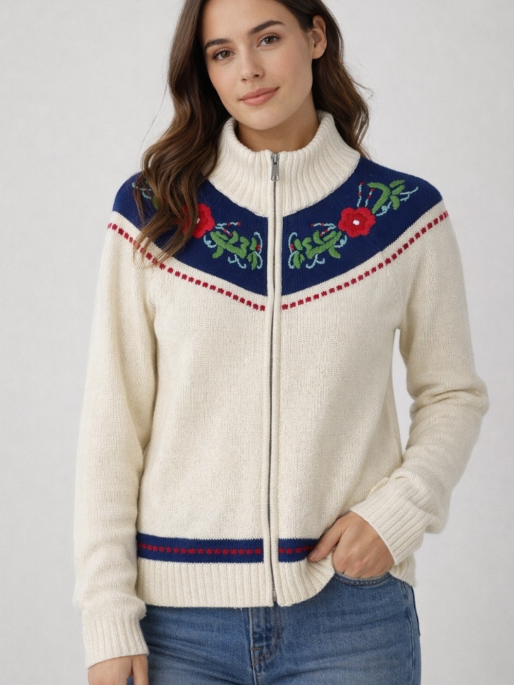 Talbots Nordic Floral Embroidered 100% Cotton Full Zip CardiganSize P XS Petite